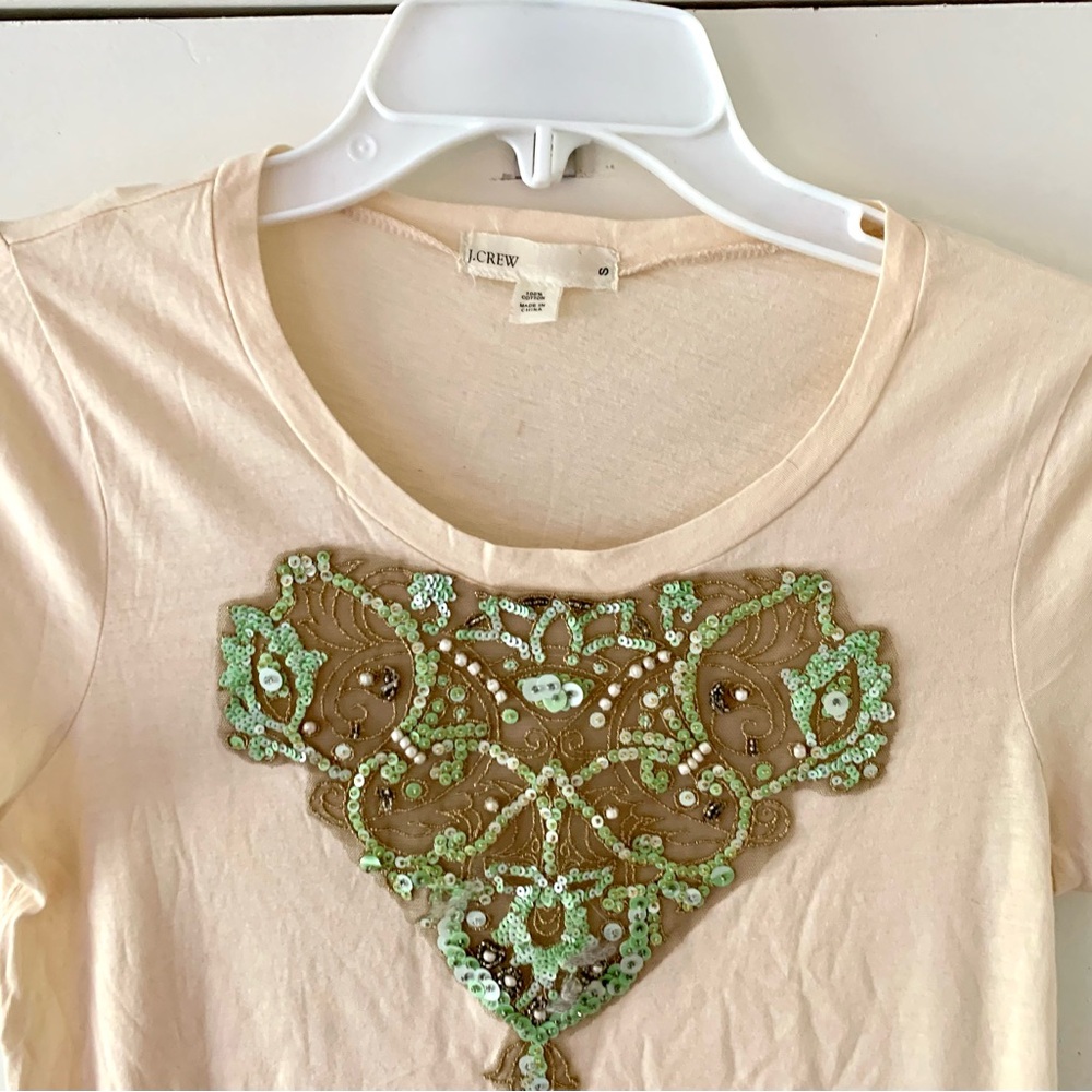J Crew Blush Pima T Shirt w/mocha Lace Heart Embellished with Beads, Piettes S